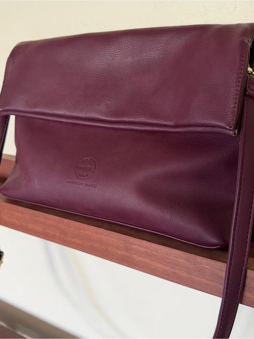 Andrew Marc Wine Leather Shoulder Bag with Gold Chain